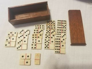 Atq Miniature Domino Set In Hand Made Mahogany Box - 7/8 " X 1 " X 2 3/8 " Long