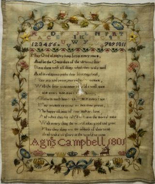 Early 19th Century Verse,  Motif & Alphabet Sampler By Agnes Campbell - 1801
