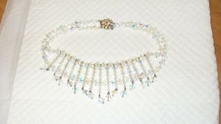 Vintage Aurora Borealis Crystal Droplets Necklace,  Diamante Clasp,  Silver Tone