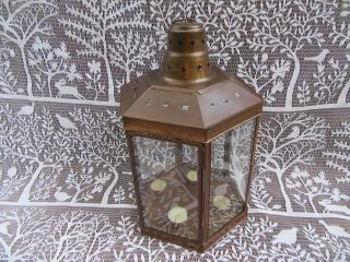 Large Vintage Copper And Glass Lantern Candle Holder Table Top Or Hanging 15 "