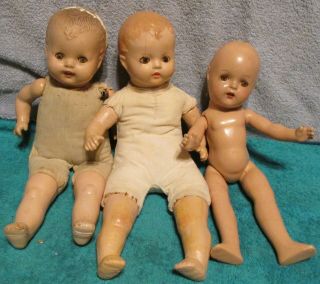Trio Of Antique Composition Dolls W/brown Tin Eyes Teeth Painted Teeth 13 To 14 "