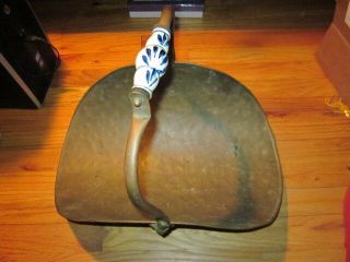 Antique Solid Brass Log Holder W/ Blue And White Porcelain Handle For Fireplace