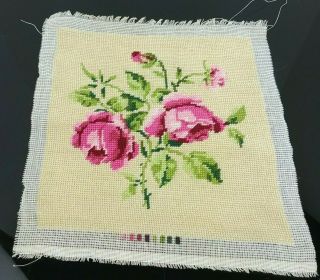 Vtg Floral Cross Stitch Completed Handmade Roses Pink Green 11 1/2 " X 12 "