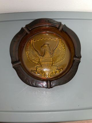 Vintage Us American Eagle Seal Lg Heavy 10 " Amber Glass Ashtray Cigar/cigarette