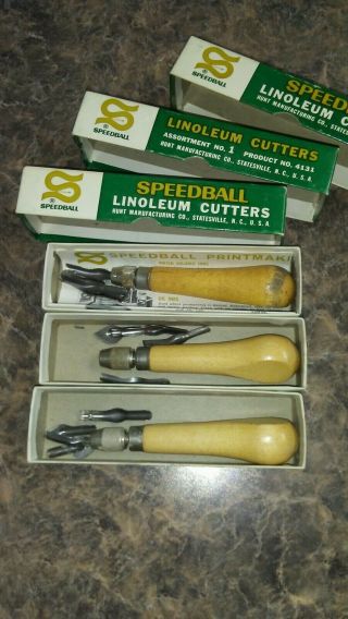 3 Vintage Speedball Linoleum Cutters With Box And Blades 4131