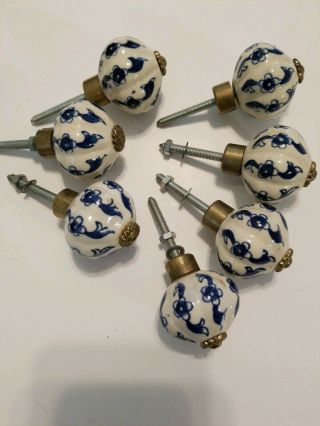 7 Vintage Blue And White Porcelain Ceramic Brass Drawer Pulls.  Handpainted