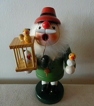 Vintage Hand Crafted Wooden Smoker Bearded Man With Bird Cage And Birds Germany