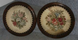 X2 Antique Needleworks In Carved Round Wooden Frames Flowers Wall Hanging 1880?