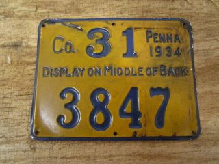 1934 Pa / Pennsylvania Hunting License / Numbered Metal Back Tag