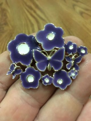 Vintage Weiss Purple & White Enamel Flowers & Butterflies Brooch Pin Signed - 2”