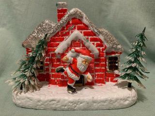 Vintage Christmas Blow Mold Diorama Scene,  Santa Glitter House Wall Hanger