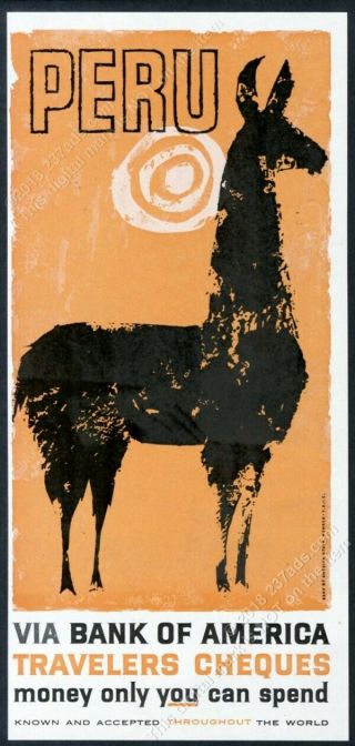 1960 Llama Peru Art Bank Of America Travelers Cheques Vintage Print Ad