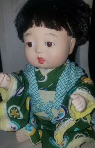 Vintage Japanese Gofun Baby Boy Doll In Kimono Glass Eyes 6.  5 " H Seated