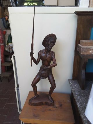 Vintage Large Asian Carved Wooden Statue Figure Of Fisherman Long Spear