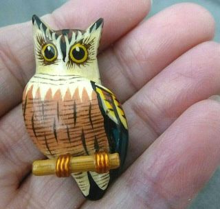 Vintage Hand Carved Painted Wood Owl Bird Pin Brooch - Estate Find
