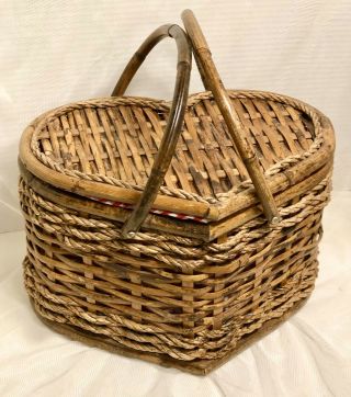 Vintage Heart Shape Woven Wicker Basket Double Handle Quilted Red Gingham Sewing