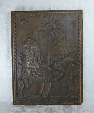 Antique 19th Century Primitive Folk Art Wood Carving Of A Rooster On A Board