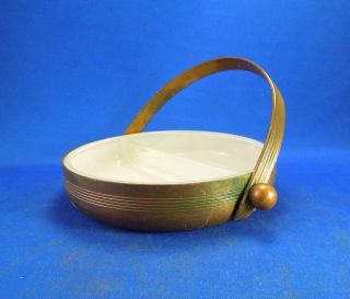 Vintage Chase Art Deco Divided Glass Candy Dish With Copper Handle Basket