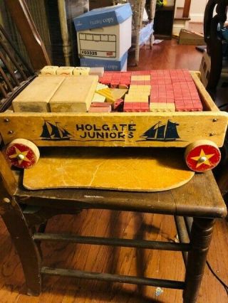 Holgate Juniors Vintage Children’s Wooden Building Blocks W/ Wooden Wagon