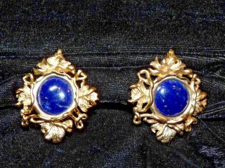 Signed Vintage Stephen Dweck Sterling Silver Lapis Gold Plated Clip On Earrings