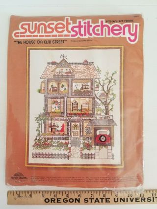 Vtg The House On Elm Street Kit By Linda Gillum Retro Crewel Embroidery Sunset