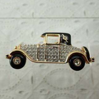 Vintage Swarovski Swan Stamp Old Fashioned Car Pave Crystal Gold Tone Pin Brooch