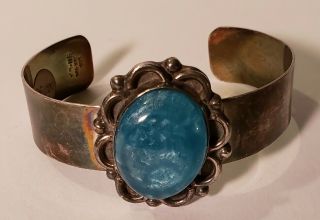Taxco Sterling Cuff Bracelet - Vintage 925 Silver W/ Blue Stone - Signed Td - 115