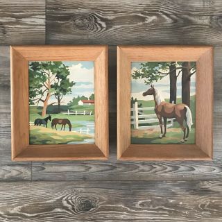 Two Vintage Mid Century Art Paint By Number Retro Oak Framed Horse Pony Painting