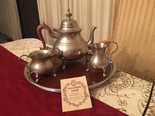 Vintage Williamsburg Stieff Pewter Teapot,  Sugar,  Creamer And Tray Set
