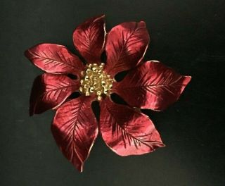Vintage Mylu Signed Christmas Textured Poinsettia Brooch Pin Red Gold 2 "