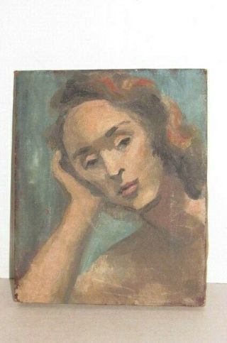 Antique Oil Painting On Canvas Lady Leaning On Arm - 9 " X 11 " - Vintage