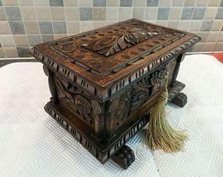 Antique 19thc French Renaissance Revival Carved Oak Box - Orig.  Interior - With Key