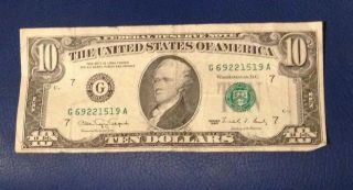 1990 (g) $10 Ten Dollar Bill Federal Reserve Note Chicago Vintage Old Currency