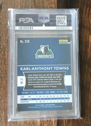 PSA 10 2015 - 16 Panini Prizm KARL - ANTHONY TOWNS Red White Blue Refractor Rookie 2