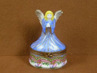 Vintage Limoges France Hand Painted Guardian Blue Angel Porcelain Trinket Box