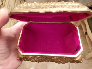 Vintage Small Metal Footed Jewelry Trinket Box Embossed Roses Red Velvet Lined