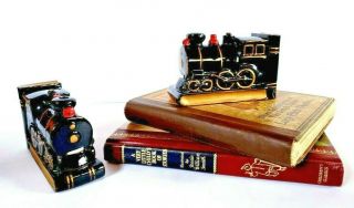Vintage Ceramic Black Hand Painted Mid Century Train Bookends