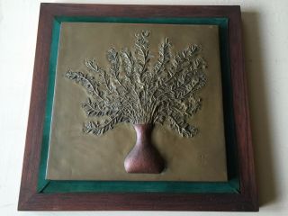 Antique Art Relief Copper Still Life,  Signed By Pj,  W/heavy Wooden Frame