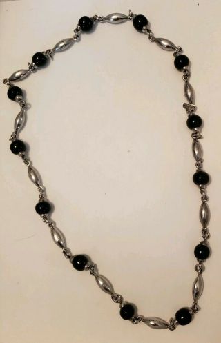 Vintage Mexican Sterling Silver And Onyx Bead Necklace 32 " Signed Td - 152