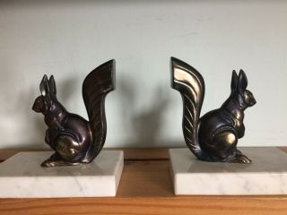 French Vintage Art Deco Marble Bookends - 1930s Spelter Squirrel