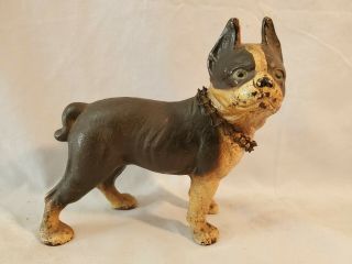 Best Antique Hubley Cast Iron 6 " Boston Terrier Dog W Rare Orig Chain Collar Nr