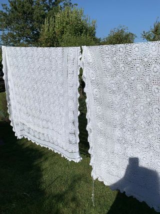 2 X Vintage Hand Crochet/lace Cotton Window Curtain Panels 80 X 56 "