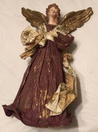 Vintage Angel Fairy Doll Tree Topper Ornament Hand Painted Gold Burgundy Paper 2
