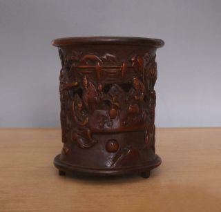 Antique Chinese Carved Figures Bamboo Brush Pot Wu Zhifan Signed