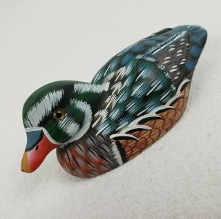 Vintage Miniature Stone Carved Hand Painted Wood Duck Decoy Glass Eyes 4.  5 " Long