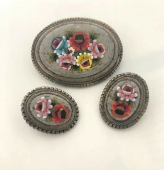 Vintage Micro Mosaic Pin Brooch Earrings Set Signed Ald Italy Matching Rare