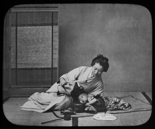 Antique Magic Lantern Slide Japanese Mother And Baby C1890 Victorian Photo Japan