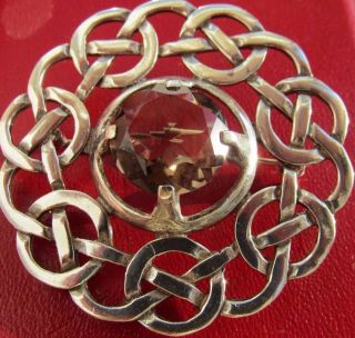 Vintage Large Sterling Silver Celtic Pin Brooch With Natural Stone Design.