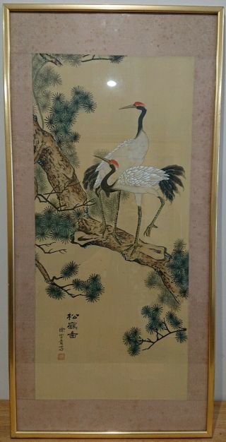 Antique Hand Painted Chinese Bird Silk Large Framed And Glazed