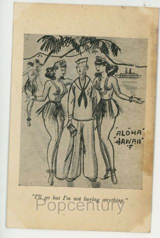 Vintage Postcard 1940s Hawaii Hawaiian Hula Girls With Us Navy Sailor Aloha Art